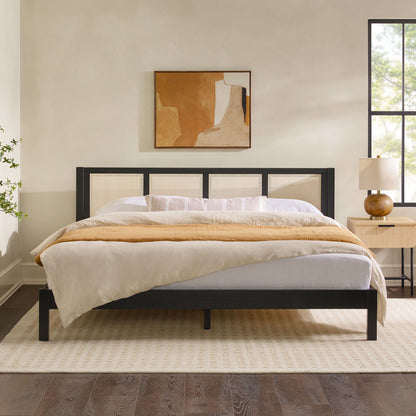 King Bed With Rattan Panel Headboard - Black
