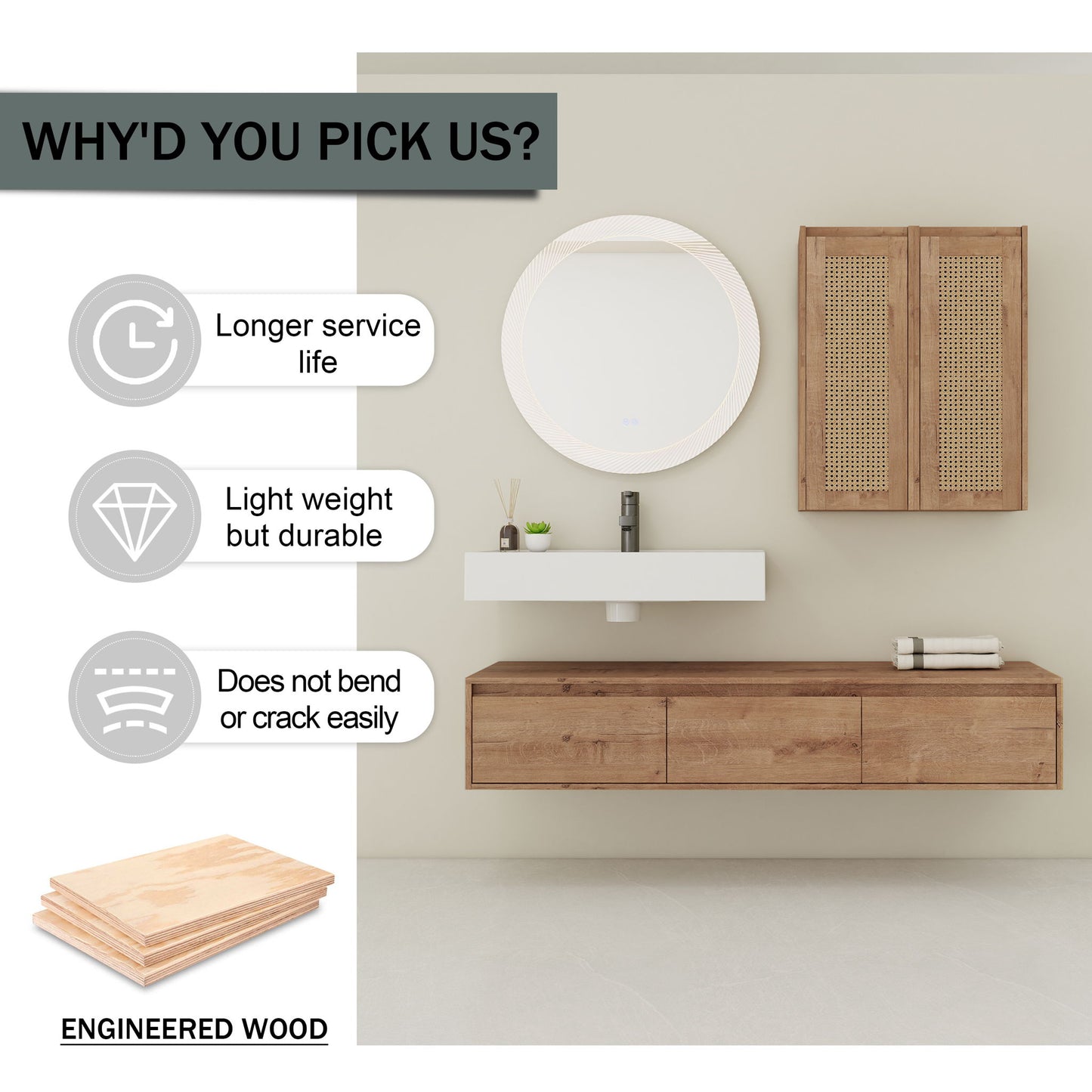 Modern Wall Mounted Bathroom Vanity With Resin Sink And 2 Side Cabinet, Imitative , Construction - Imitative Oak