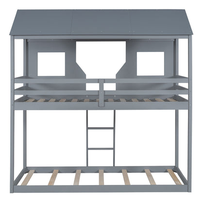 Twin Over Twin Bunk Bed With Roof, Window, Guardrail, Ladder