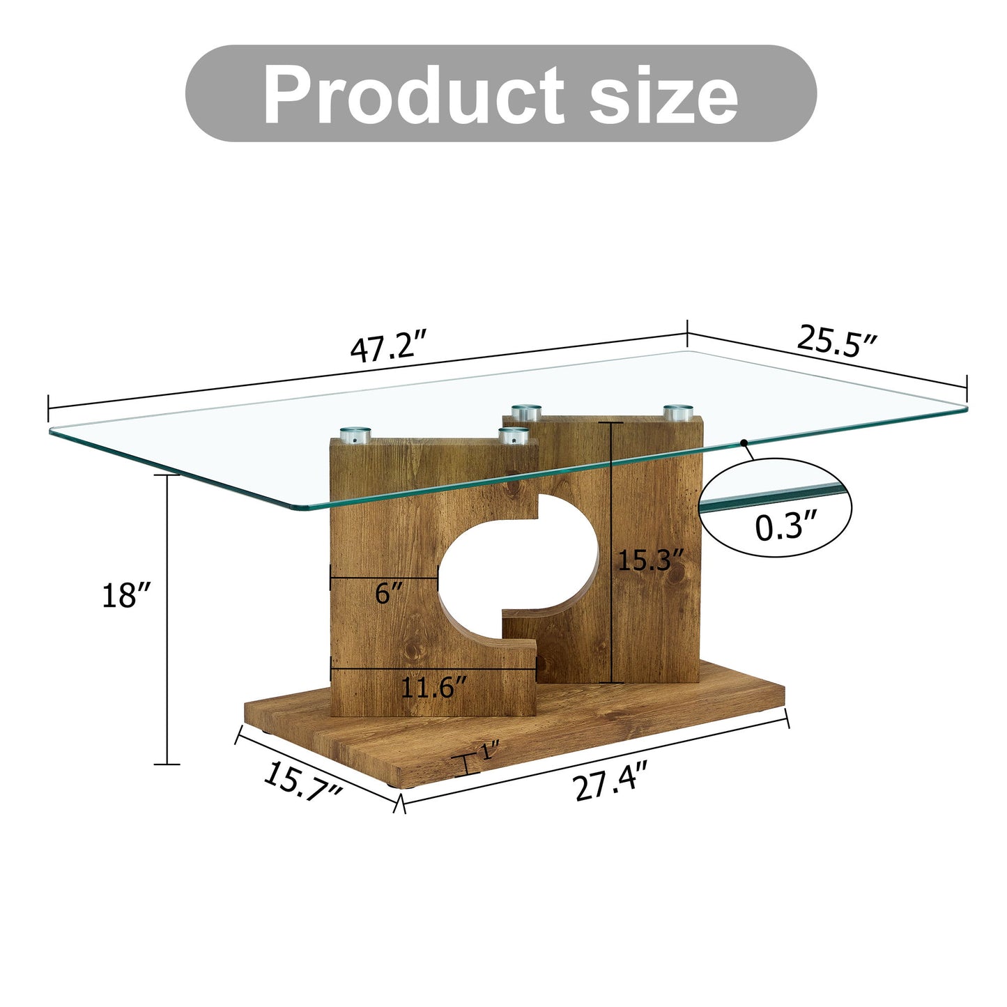 Modern Rectangular Coffee Table With Tempered Glass Top - Natural Wood