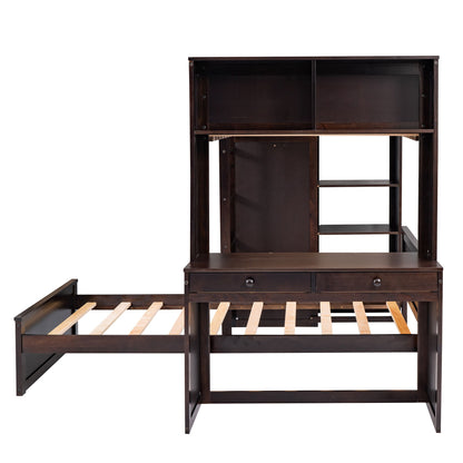 Loft Bed With A Stand Alone Bed, Shelves, Desk, And Wardrobe