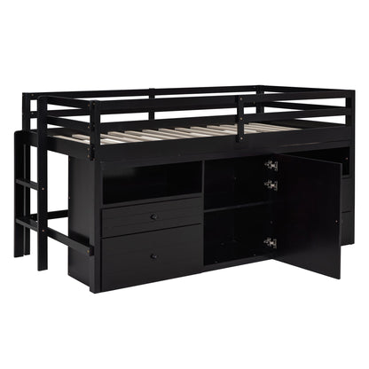Loft Bed With 4 Drawers, Underneath Cabinet And Shelves