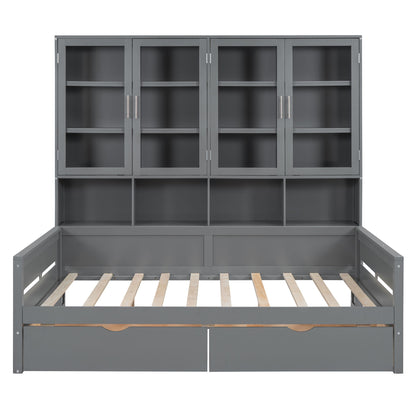 Daybed With Glass Door Storage Cabinets, Built In LED Lighting And Shelves