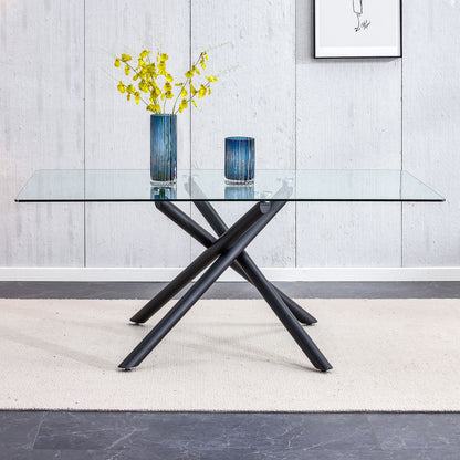 Minimalist Rectangular Glass Dining Table For 6 - 8 With Tempered Glass Top And Metal Legs - Black / Transparent