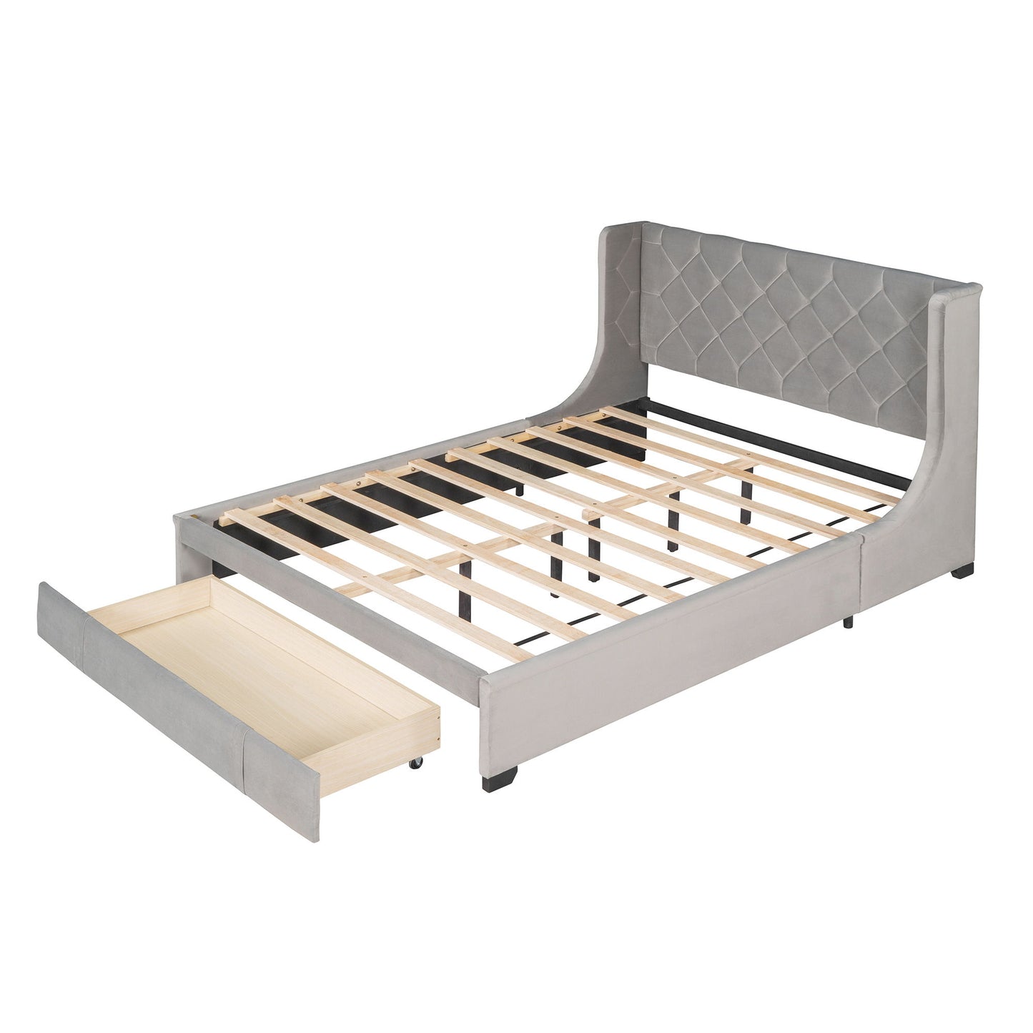 Storage Bed Velvet Upholstered Platform Bed With Wingback Headboard And A Big Drawer