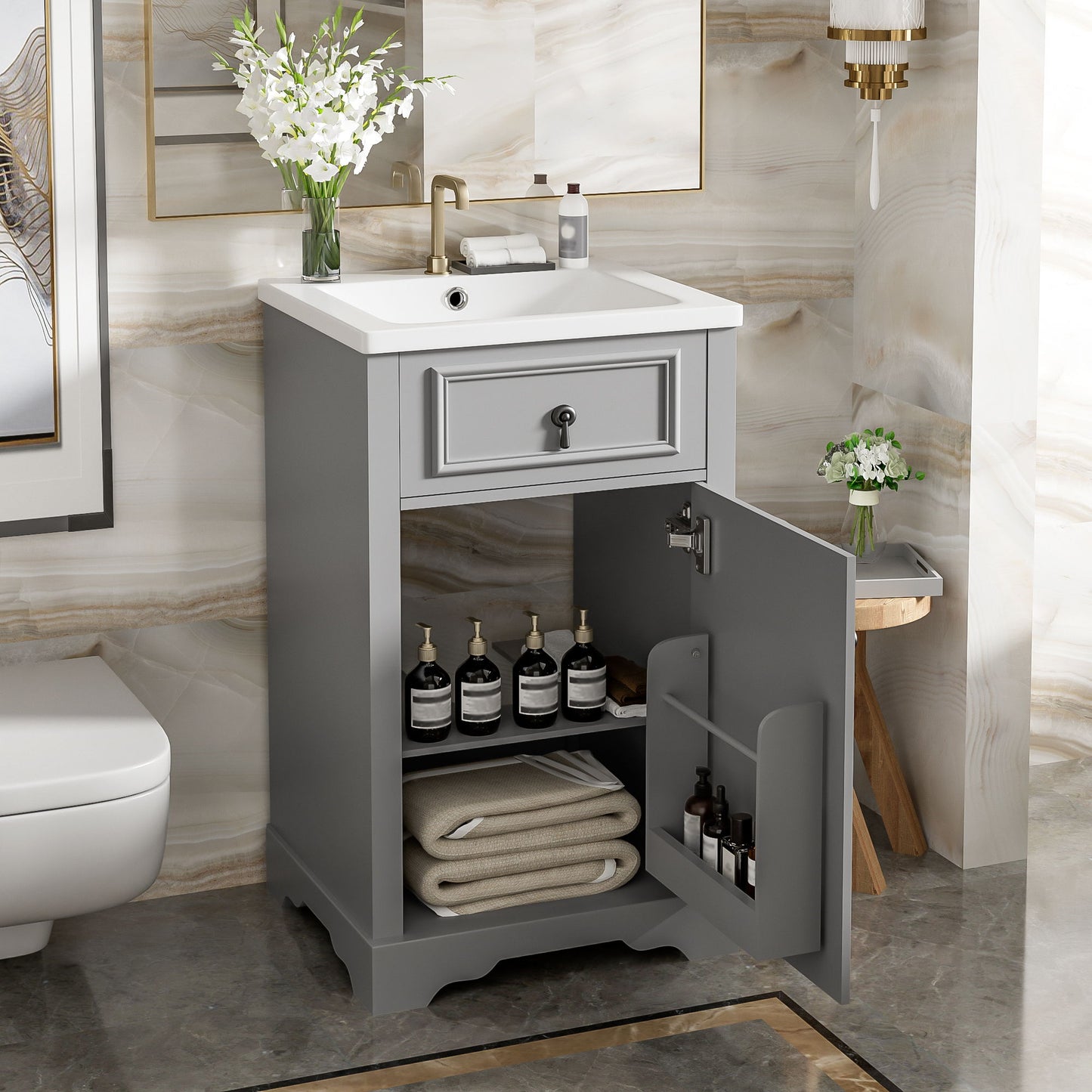 Bathroom Vanity With Ceramic Sink, Soft Close Door, Adjustable Shelf, And Storage Rack - Gray