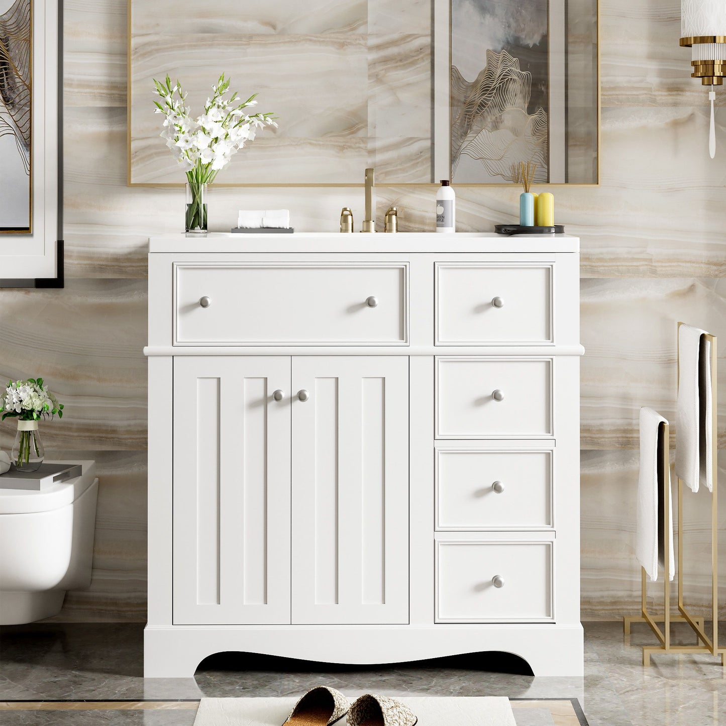 Bathroom Vanity With Resin Sink Combo, Frame Bathroom Storage Cabinet, Freestanding Vanity Set With 3 Drawers & Adjustable Shelf - White